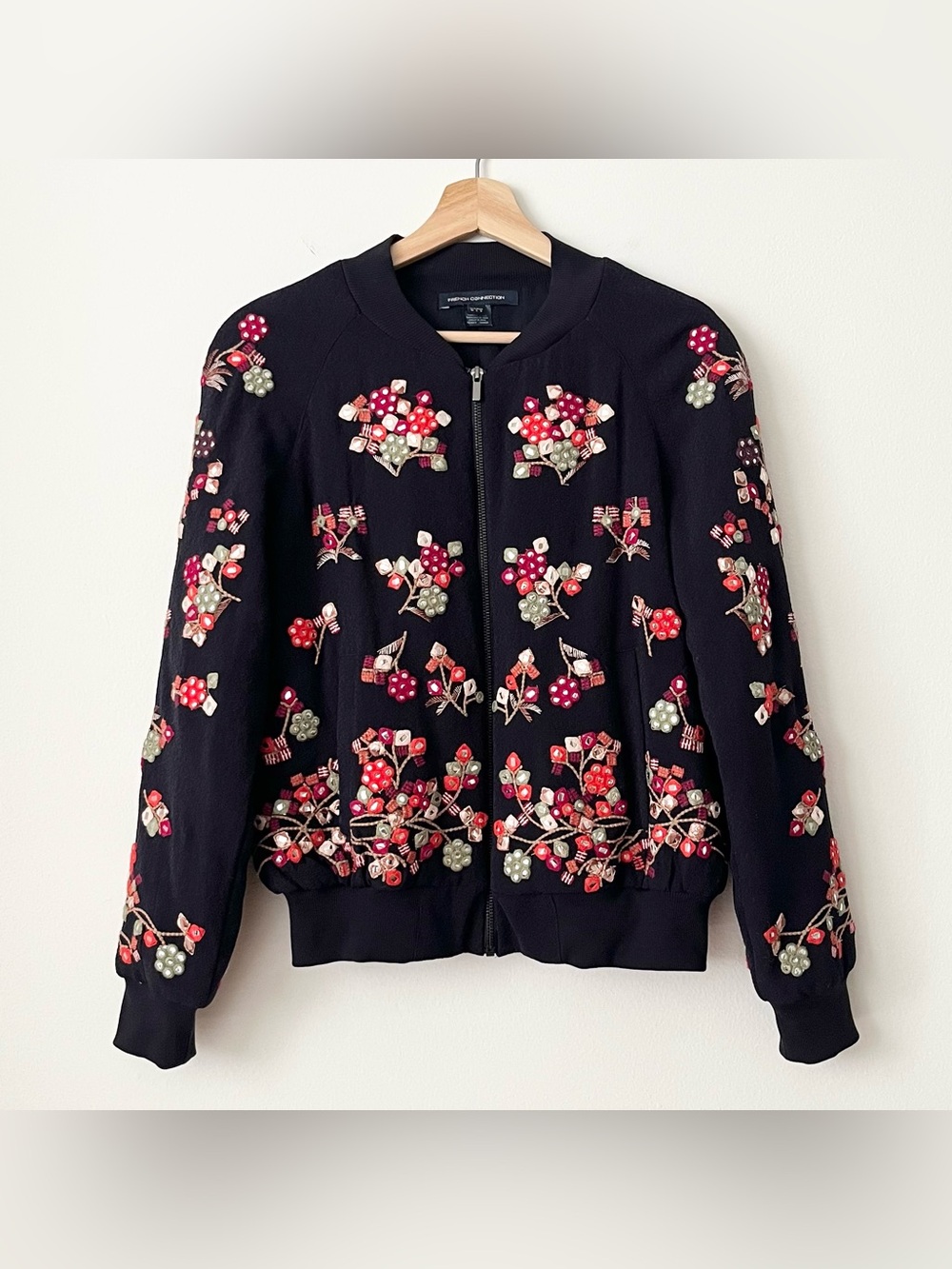 French Connection Women's Black Bomber Jacket Embroidered Size 6 Floral Boho